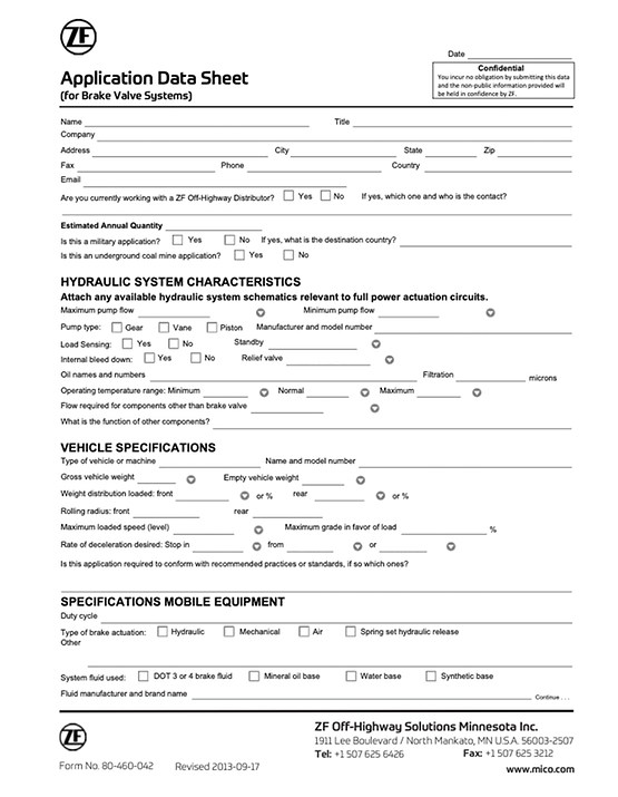 Application Data Sheet - Brake Valves (Form Number 80-460-042)