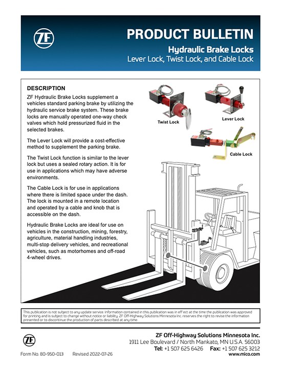 Hydraulic Brake Locks Product Bulletin (Form Number 80-950-013)
