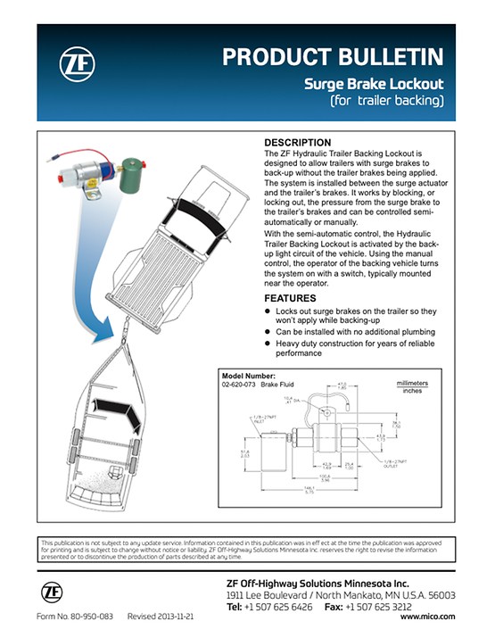 Surge Brake Lockout (for trailer backing) & Air Hydraulic Actuators (for trailers) Product Bulletin (Form Number 80-950-083)